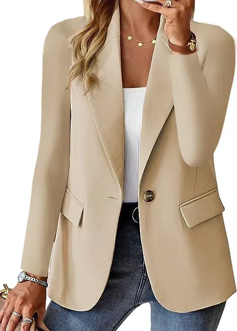 Color: Beige, Size: S - Womens Spring Winter Down Full Long Sleeve Coat Autumn Blazer Button Outwear Suit Cardigan Female