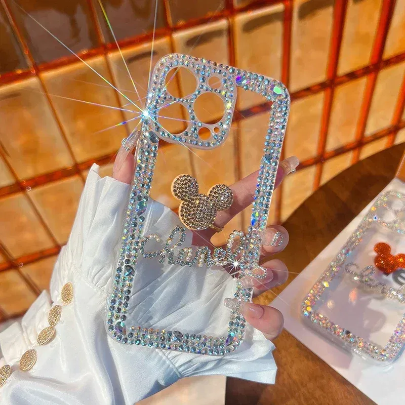 Color: Beige, Material: PU - Bling Glitter 3D cute cartoon Diamond soft silicon phone case For iphone 15 14 13 12 11 Pro Max 7 8 Plus X XS XR MAX Clear Cover