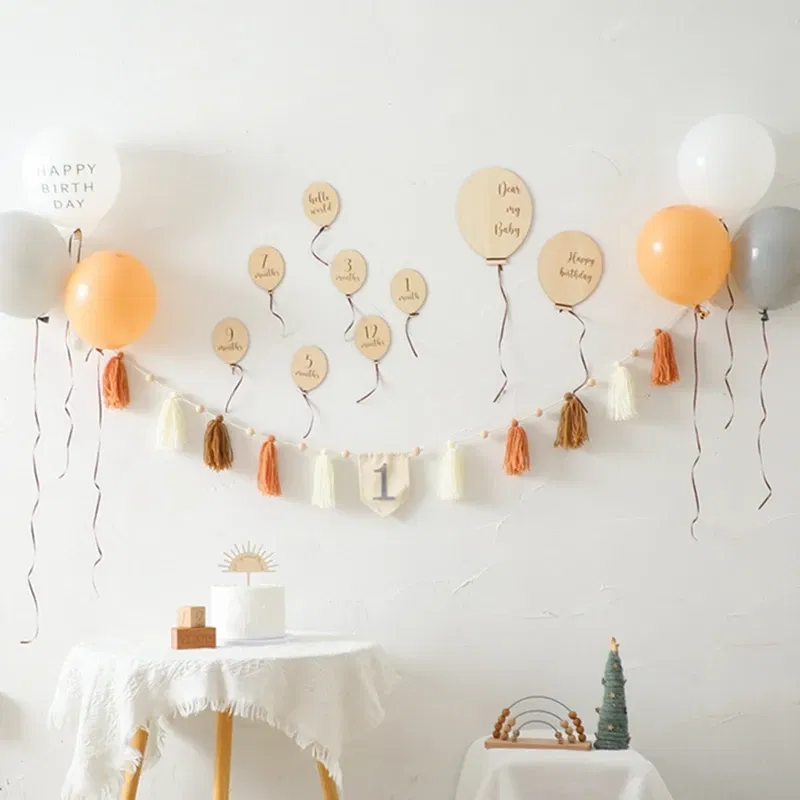 Color: Champagne, Ships From: CHINA - Baby Balloon Milestone Number Monthly Memorial Month Card Newborn Baby Wooden Engraved Age Photography Accessories Birthing Gift