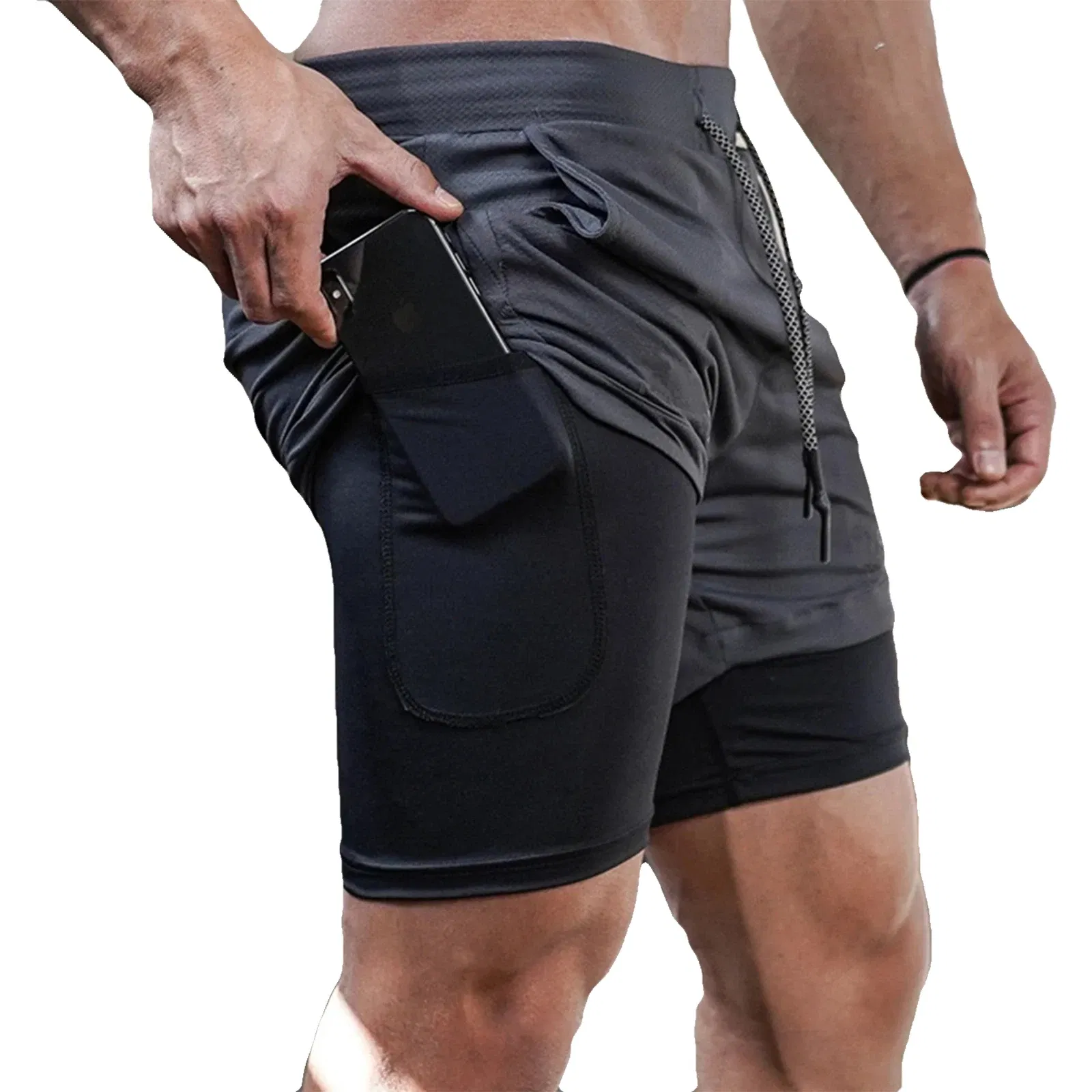 Color: GRAY, Size: XXL - Men's Double Layer Fitness Shorts Drawstring Mesh Lining Elastic Waist Breathable Quick Dry to Beach Pool Summer Male