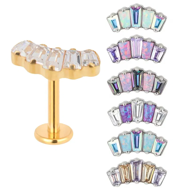 Metal color: Pure Gold Color, Main Stone Color: WHITE, Ships From: CHINA - G23 Titanium Ear Studs 5 Oblong CZ Blaze Curve Top Threaded Labret PIERC Lip Stud Ear Cartilage Tragus Helix Piercing Jewelry