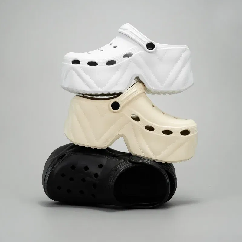 Color: Beige, Shoe Size: 3.5 - New summer outside wear thick bottom 9cm height increase EVA Baotou soft bottom non-slip women's breathable slippers cave shoes