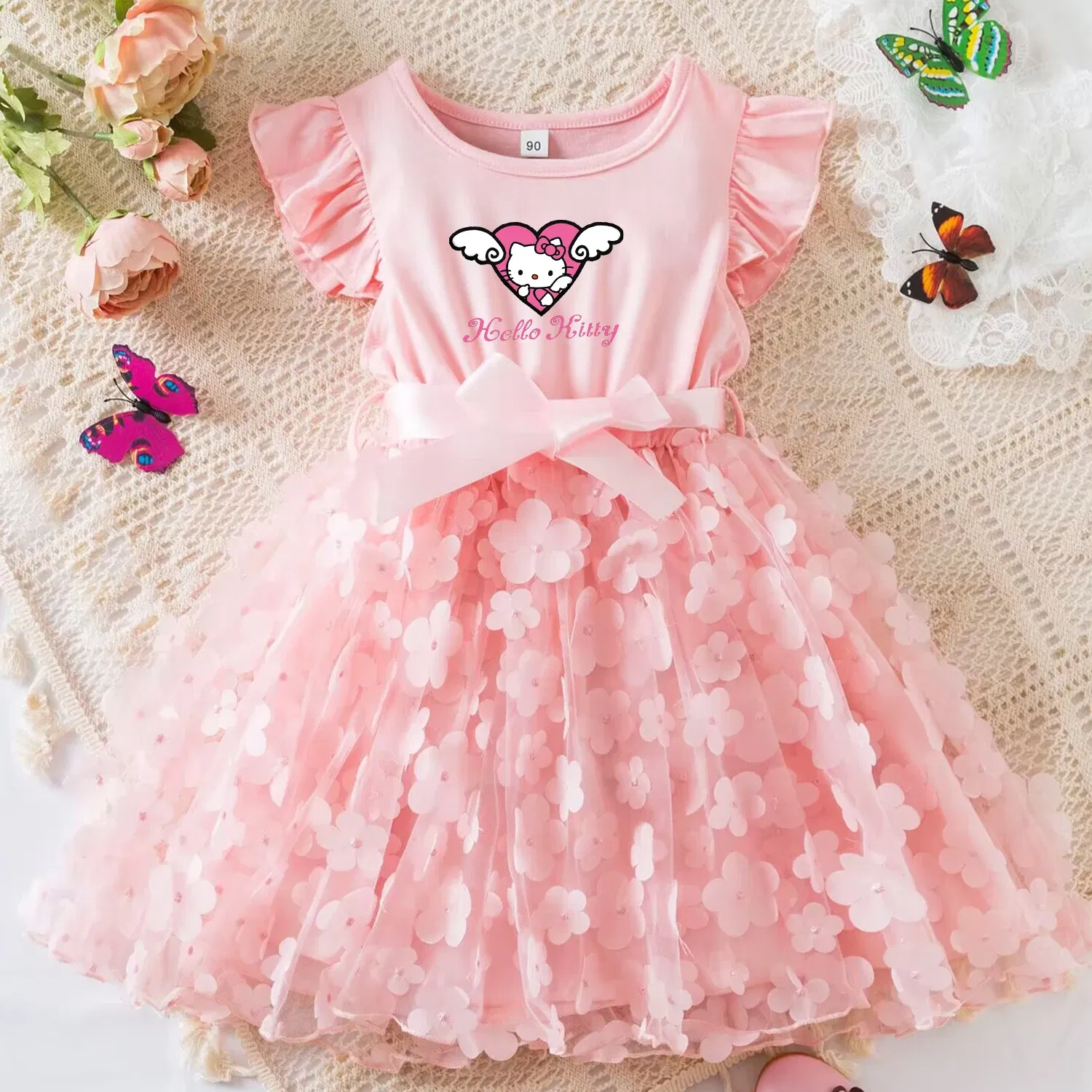 Color: SKY BLUE, Size: M - Hello Kitty Summer Dress for Kid's Casual Clothes 3D Butterfly Cute Baby Girls Princess Dress Party Dresses 2-6 Yrs