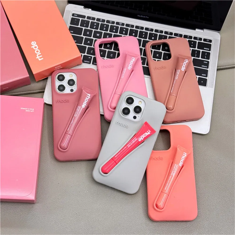 Color: Salmon Pink, Compatible-Phone Models: For iPhone 14 Pro Max - New Rhode Lipstick Soft Silicone Phone Case for iPhone 16 15 14 13 12 11 Pro Max Plus Portable Lip Gloss Holder Cover with Box