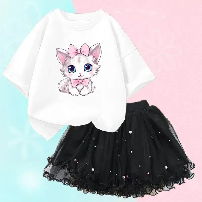 Kid Size: 3T, Color: Beige - Cute Summer Girls Outfits Cartoon Cat T-shirt and Tutu Skirt 2pc/Set Girl Princess Clothes Suit Children Birthday Clothing