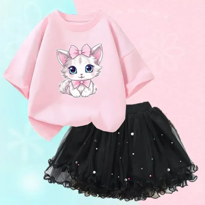 Kid Size: 3T, Color: Beige - Cute Summer Girls Outfits Cartoon Cat T-shirt and Tutu Skirt 2pc/Set Girl Princess Clothes Suit Children Birthday Clothing