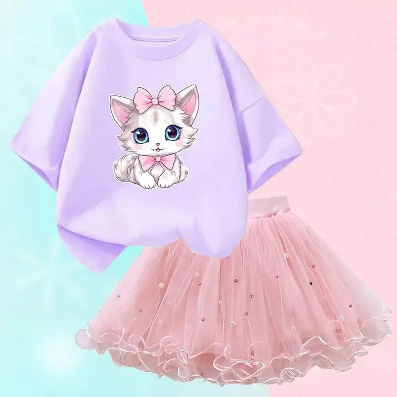 Kid Size: 3T, Color: Beige - Cute Summer Girls Outfits Cartoon Cat T-shirt and Tutu Skirt 2pc/Set Girl Princess Clothes Suit Children Birthday Clothing