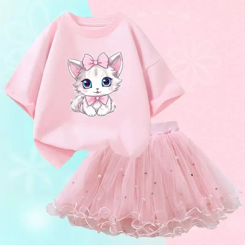 Kid Size: 3T, Color: Beige - Cute Summer Girls Outfits Cartoon Cat T-shirt and Tutu Skirt 2pc/Set Girl Princess Clothes Suit Children Birthday Clothing