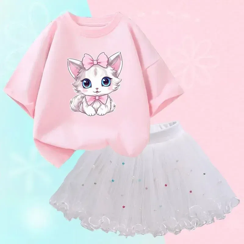 Kid Size: 3T, Color: Beige - Cute Summer Girls Outfits Cartoon Cat T-shirt and Tutu Skirt 2pc/Set Girl Princess Clothes Suit Children Birthday Clothing