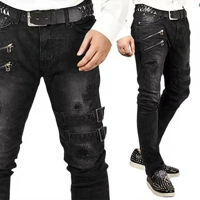 Color: Blue, Size: L, Ships From: CHINA - Men's Punk Hip Hop Black Fashion Jeans Spring summer New Rock Motorcycle Street Wear Tight Casual Denim pants Straight leg pants