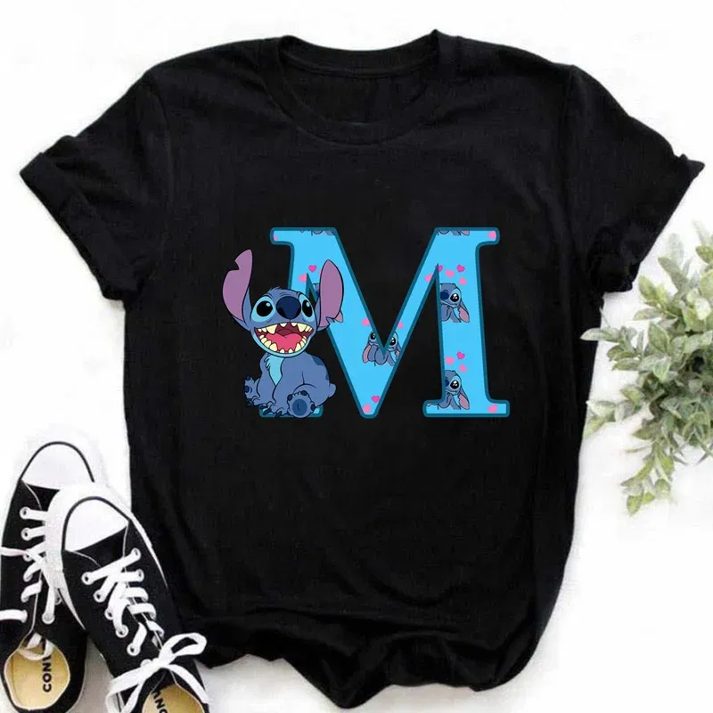 Color: PURPLE, Size: M - Disney Lilo&Stitch A-Z Alphabet Summer Women's Printed T-Shirt Women's Casual Tops T-Shirt Fashion Cartoon Plus Size T-Shirt