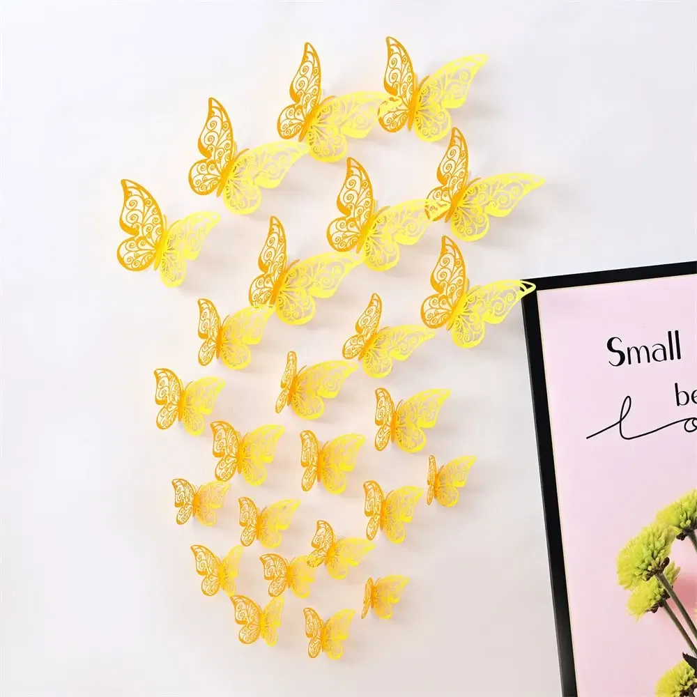 Color: plum - 12 Pieces 3D Hollow Butterfly Wall Sticker Bedroom Living Room Home Decoration Paper Butterfly