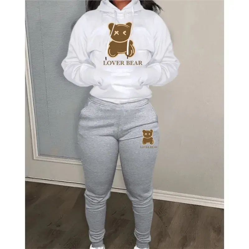 Color: WHITE, Size: XXXL - 2 Piece Set Women Outfit Letter Bear Print Hooded Neck Hoodies Sweatshirt Pants Tracksuit 2024 Plus Size Streetwear Casual Suit