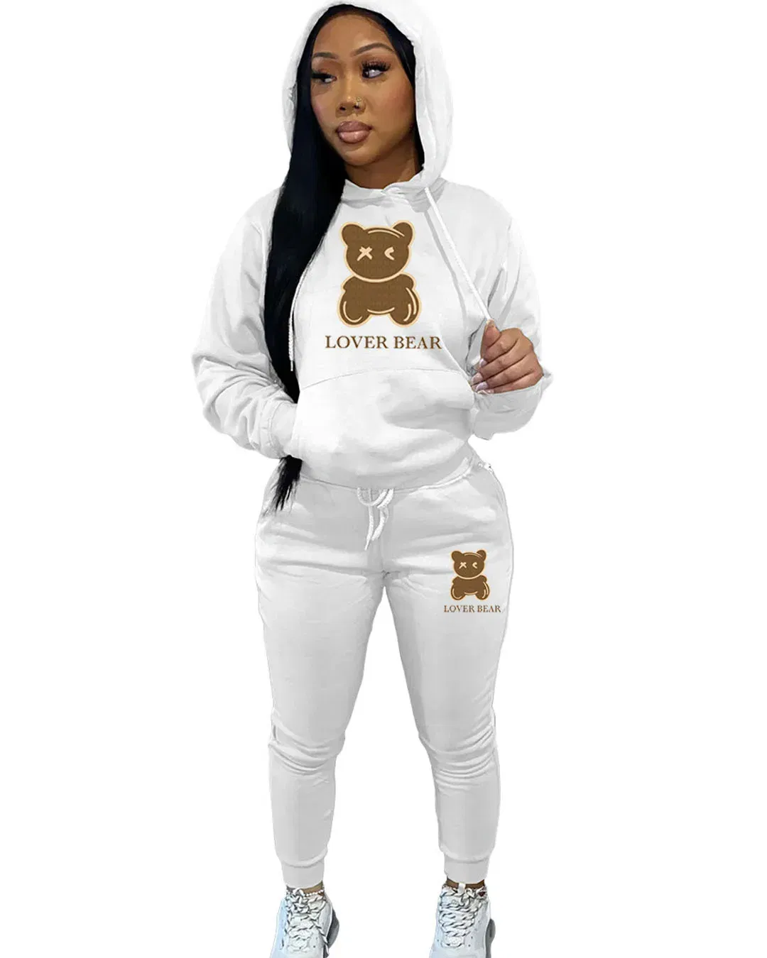 Color: WHITE, Size: XXXL - 2 Piece Set Women Outfit Letter Bear Print Hooded Neck Hoodies Sweatshirt Pants Tracksuit 2024 Plus Size Streetwear Casual Suit