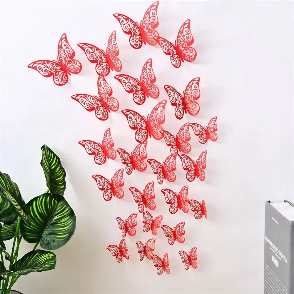 Color: Chocolate - 12 Pieces 3D Hollow Butterfly Wall Sticker Bedroom Living Room Home Decoration Paper Butterfly