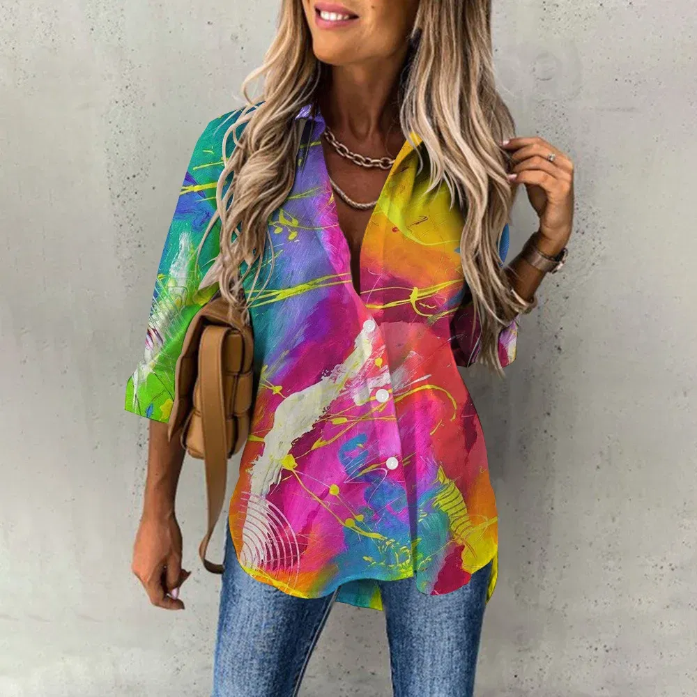 Color: Khaki, Size: M - Ladies Long Sleeved Shirt Vacation Style Coconut Tree 3D Digital Printed Button Up Collar Loose Casual Ladies Blouse 2024 Autumn