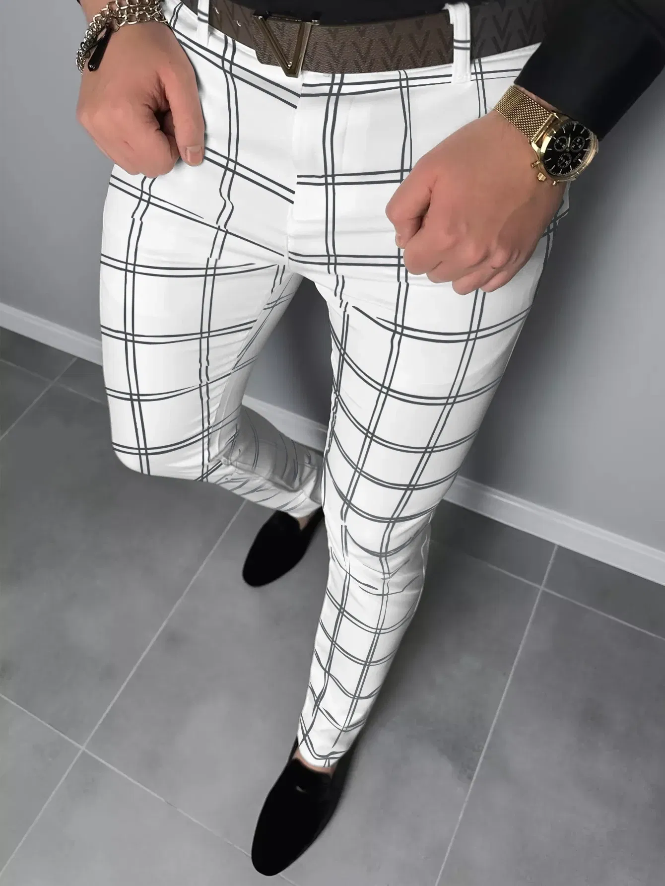 Color: Blue, Size: L - Checkered Fashion Europe and the United States Style Men's Pants Business Casual Travel Slim Pants Comfortable and Versatile