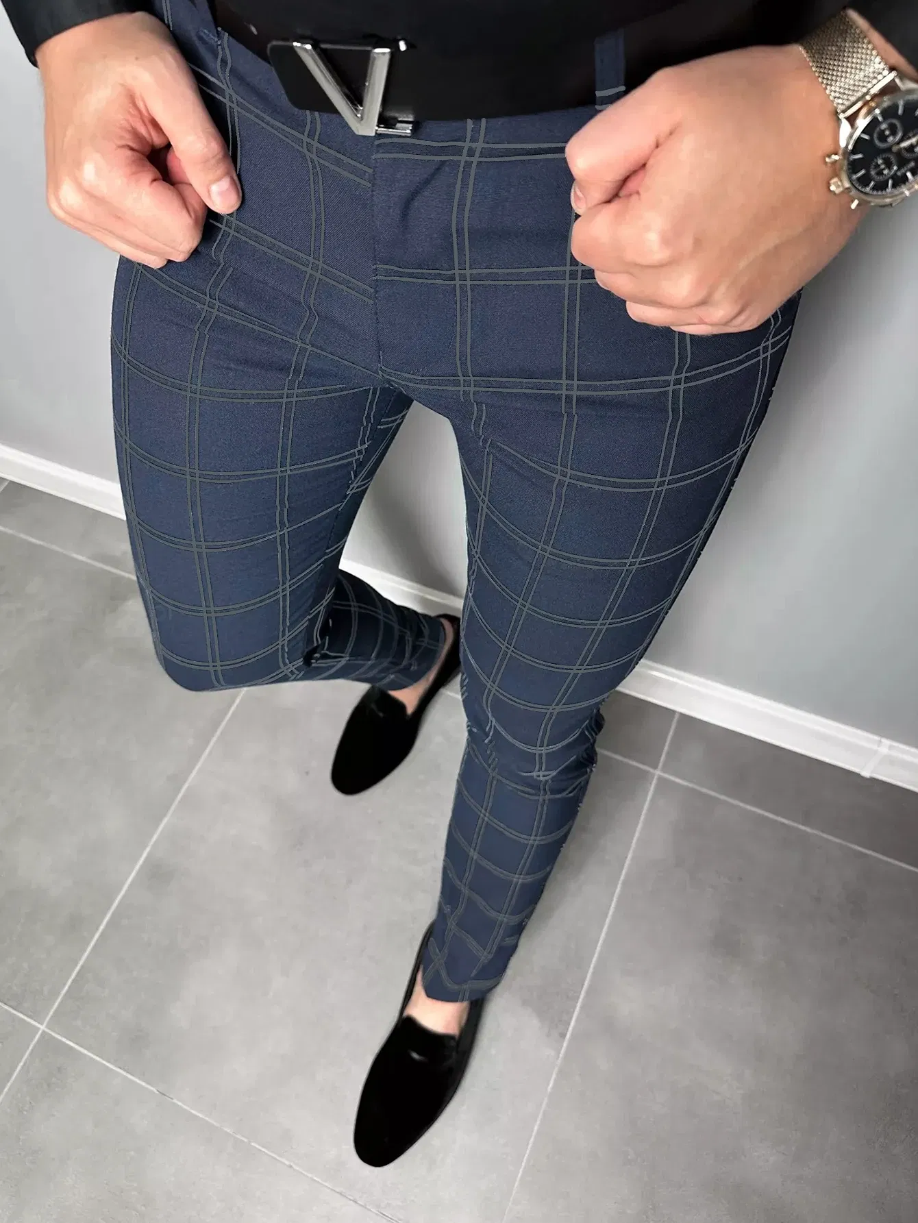Color: Blue, Size: L - Checkered Fashion Europe and the United States Style Men's Pants Business Casual Travel Slim Pants Comfortable and Versatile