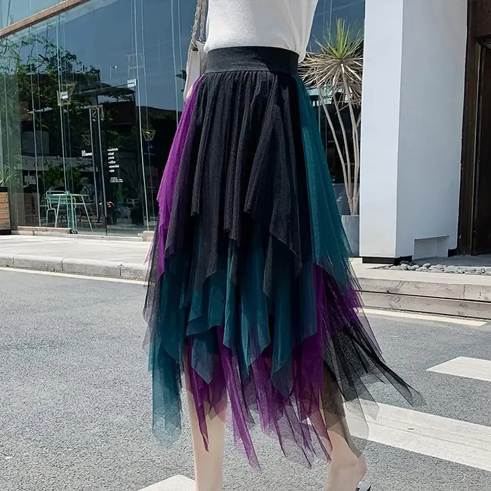 Color: WHITE, Size: M - 2025 Irregular Mesh Women Skirt High Elastic Waist Colorful Mesh Multi-layered Soft Mid-calf Length Pleated Women Midi Skirt