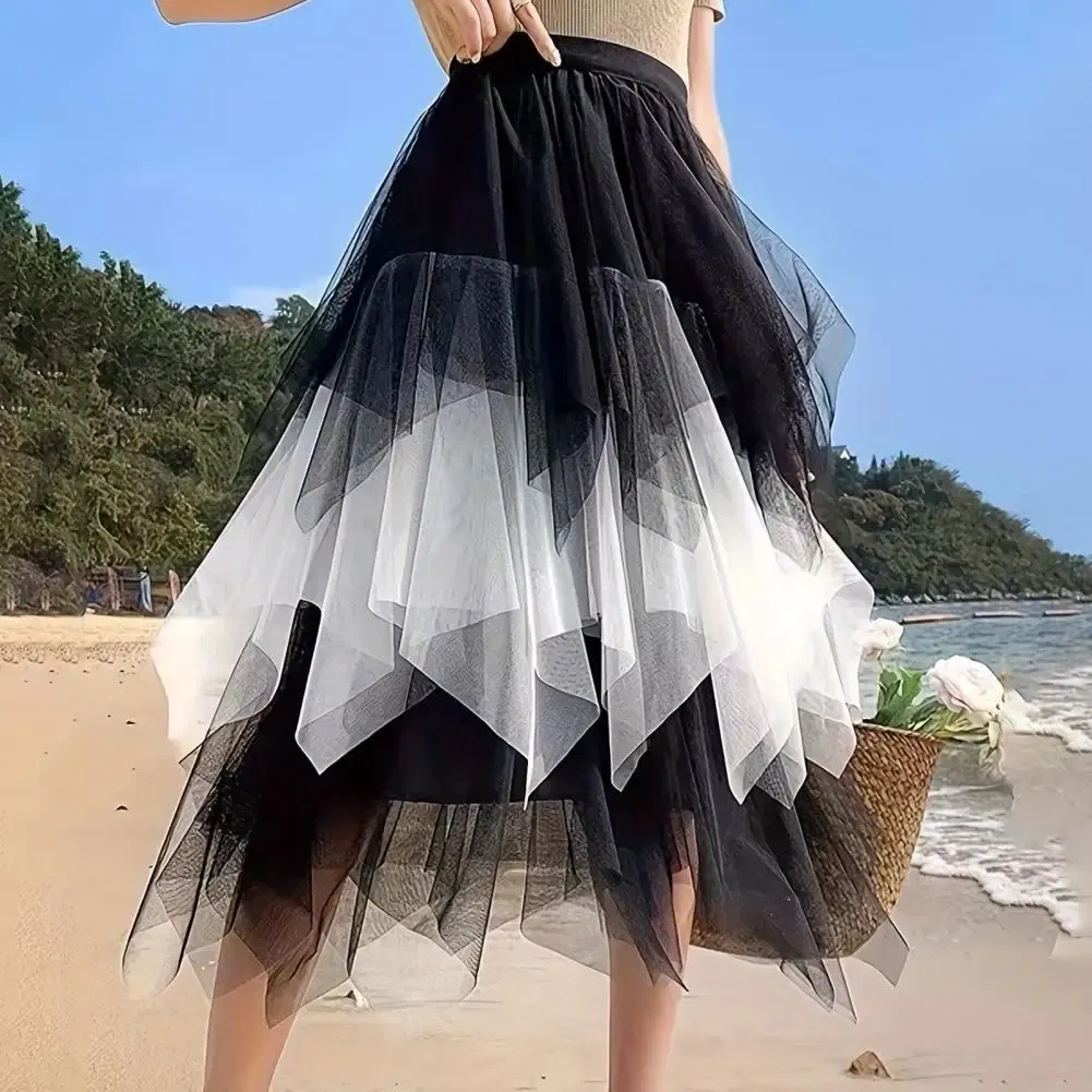 Color: WHITE, Size: M - 2025 Irregular Mesh Women Skirt High Elastic Waist Colorful Mesh Multi-layered Soft Mid-calf Length Pleated Women Midi Skirt