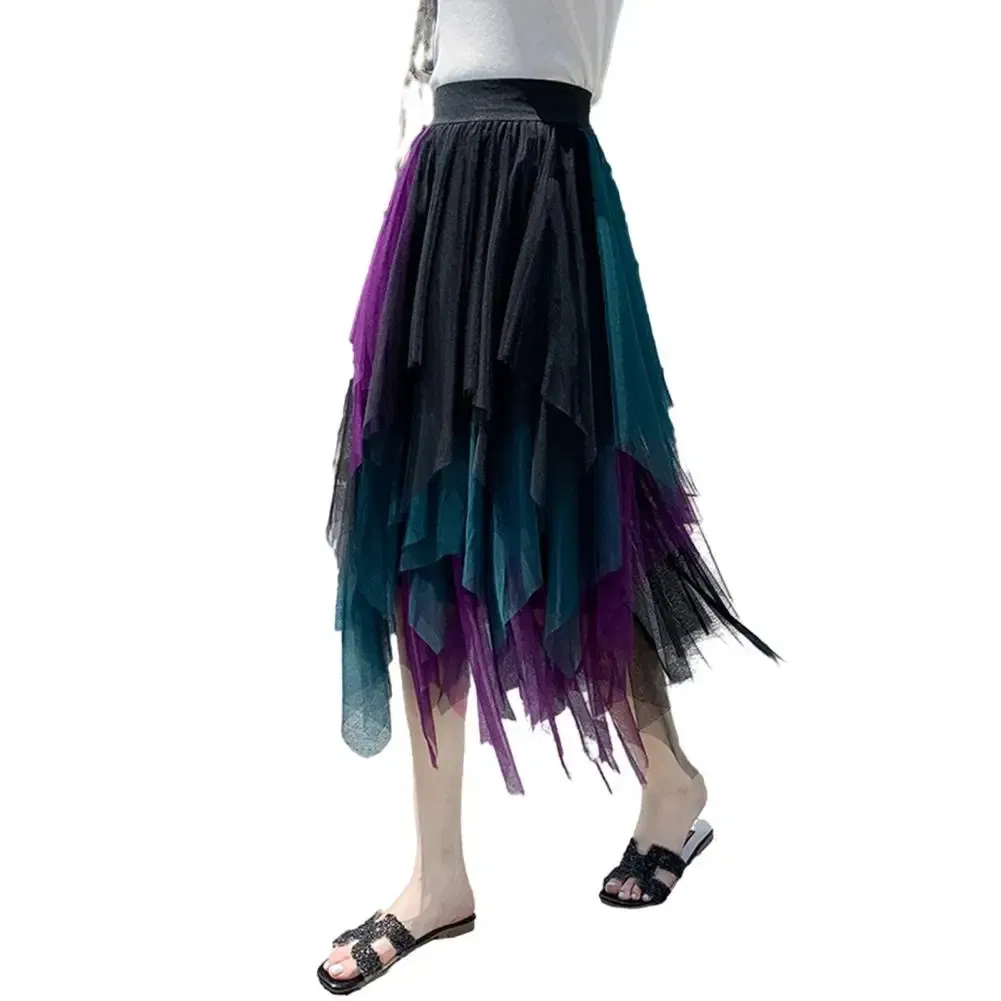 Color: WHITE, Size: M - 2025 Irregular Mesh Women Skirt High Elastic Waist Colorful Mesh Multi-layered Soft Mid-calf Length Pleated Women Midi Skirt