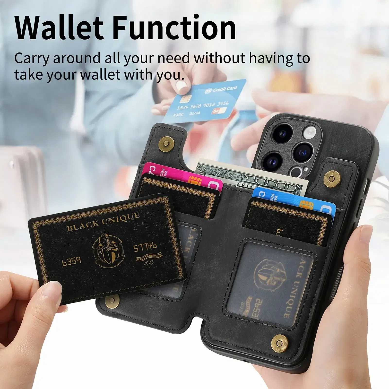 Color: black, Material: Pc + tpu - Leather Zipper Wallet with Card Holder Phone Case for IPhone 15 14 11 Pro Max 13 12 Mini X XR XS Max 8 7 Plus Shockproof Cover