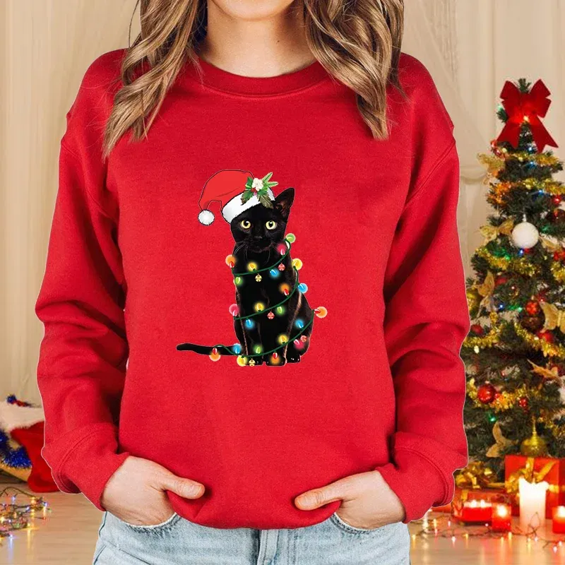 Color: green, Size: XL - New fashion women's Christmas cat sweater long-sleeved round neck pullover sweater fall and winter Christmas women's tops