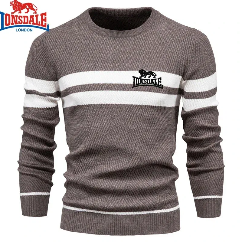 Color: Beige, Size: L - Embroidered LONSDALE Mens Boys Winter Stripe Sweater Thick Warm Pullovers Men's O-neck Basic Casual Slim Comfortable Sweaters