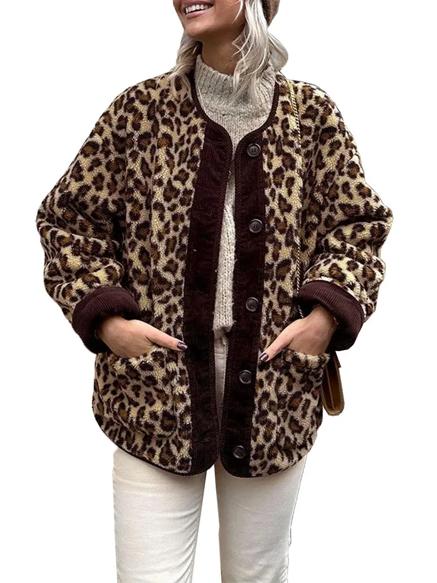 Color: Brown, Size: L - Women Leopard Print Jacket Long Sleeve Button Closure Winter Jacket Casual Warm Outwear