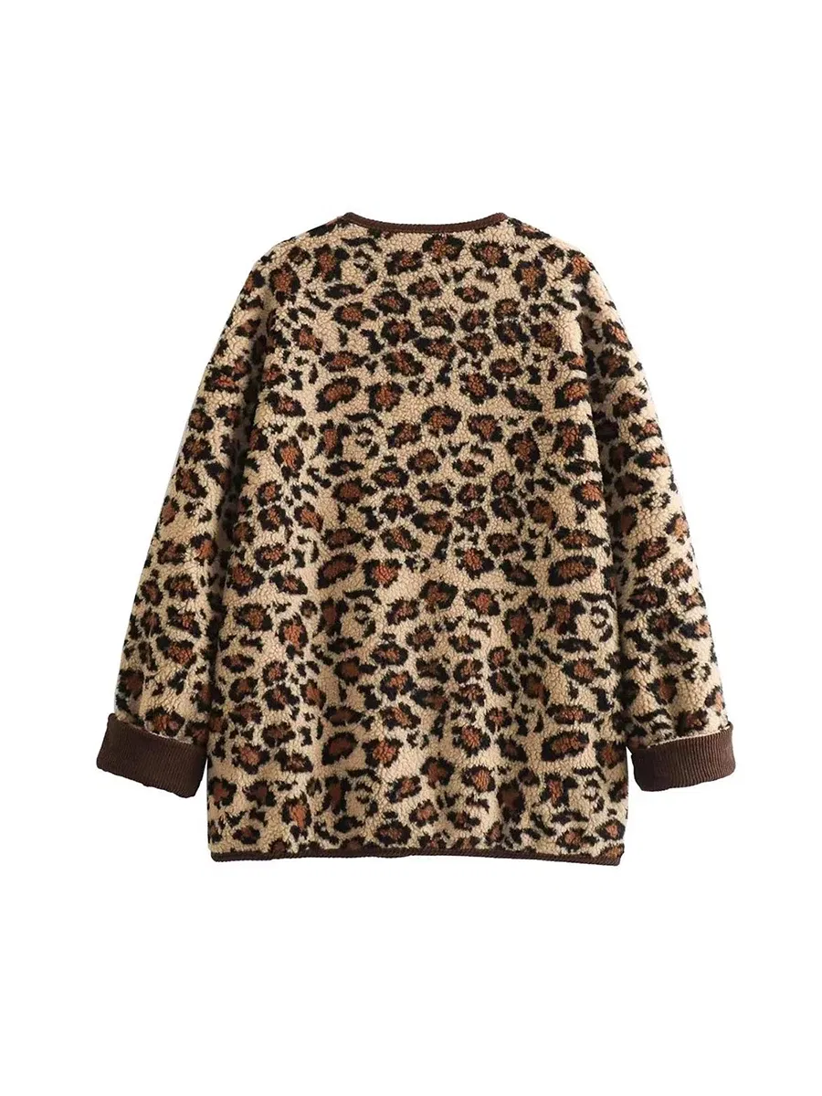 Color: Brown, Size: L - Women Leopard Print Jacket Long Sleeve Button Closure Winter Jacket Casual Warm Outwear