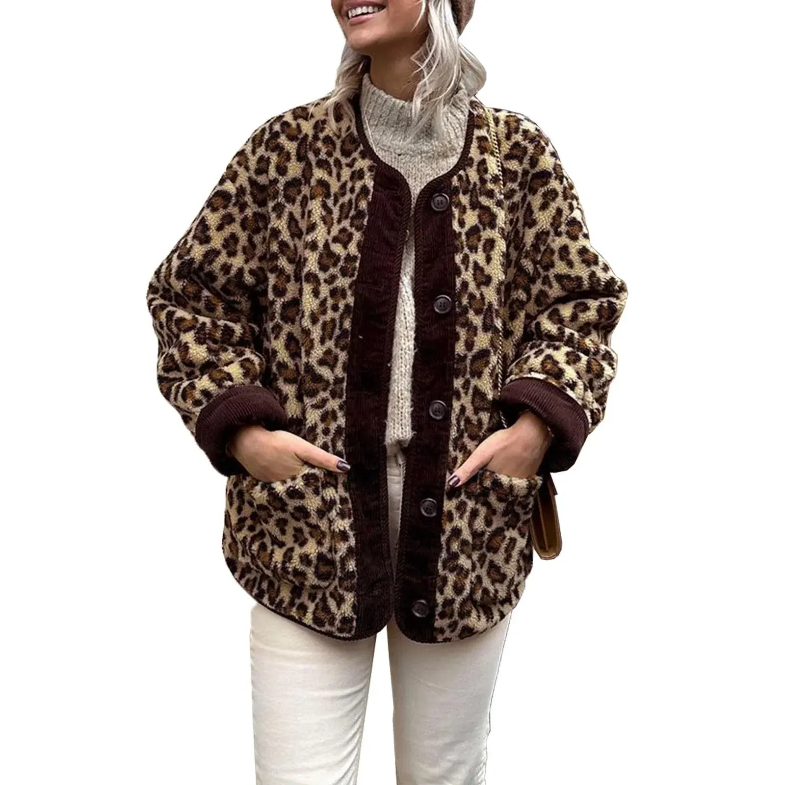 Color: Brown, Size: L - Women Leopard Print Jacket Long Sleeve Button Closure Winter Jacket Casual Warm Outwear