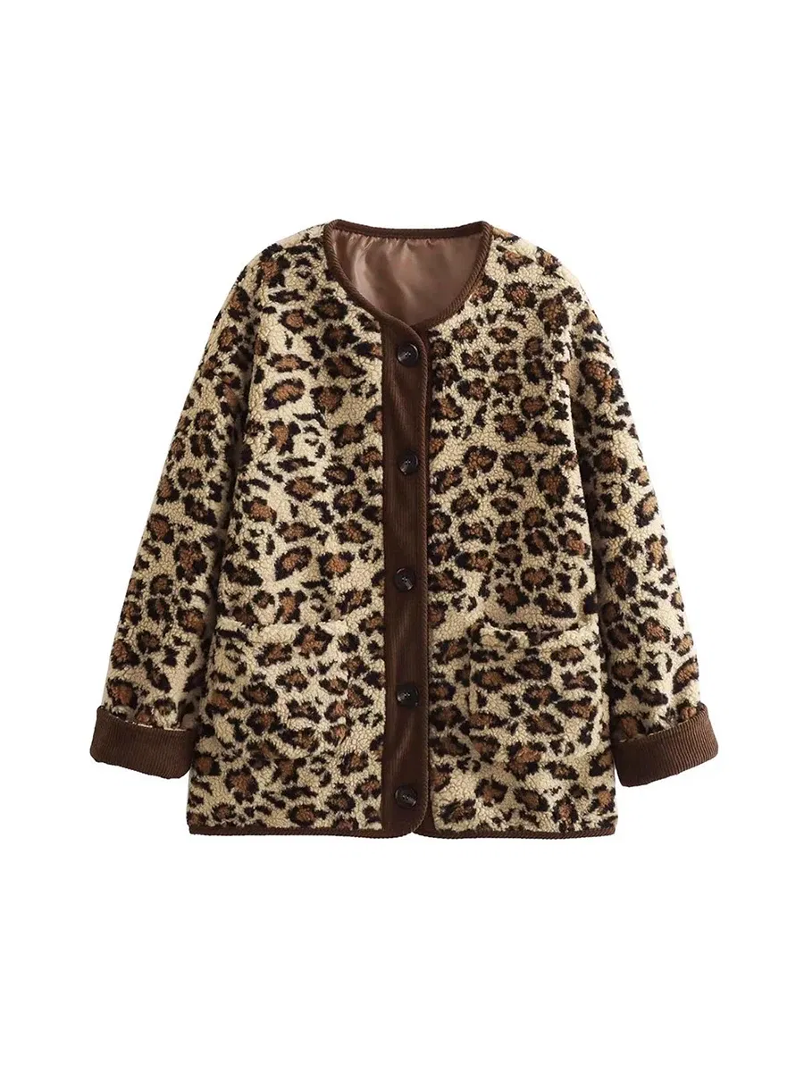 Color: Brown, Size: L - Women Leopard Print Jacket Long Sleeve Button Closure Winter Jacket Casual Warm Outwear