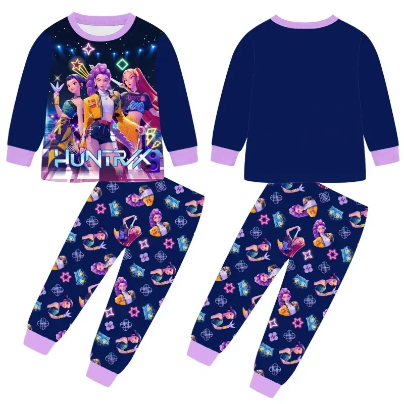 Color: black, Size: 8cm - 2pcs Movie K-pops Demons Hunters Kawaii Pajamas Set Girl Cosplay Nightwears Anime Long Sleeve tops+Pants Fans Halloween Gift