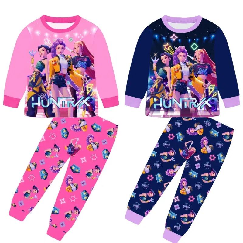 Color: black, Size: 8cm - 2pcs Movie K-pops Demons Hunters Kawaii Pajamas Set Girl Cosplay Nightwears Anime Long Sleeve tops+Pants Fans Halloween Gift