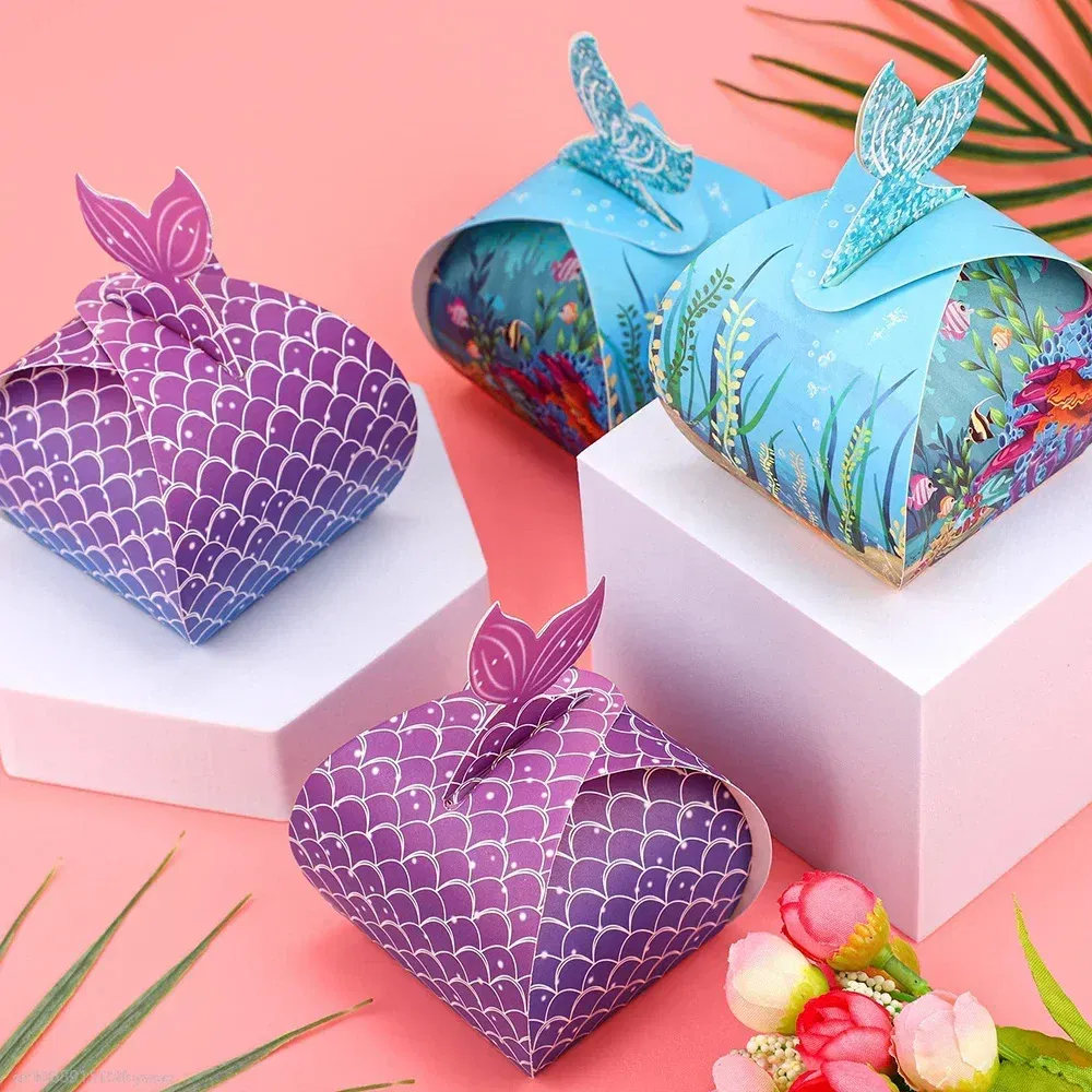 Color: Deep Sapphire, Gift Box Size: 5x5x5cm - 1pc Mermaid Tail Little Mermaid Birthday Party Treat Bag Under the Sea Themed Goodies Bags Candy Boxes Small Gifts for Guests
