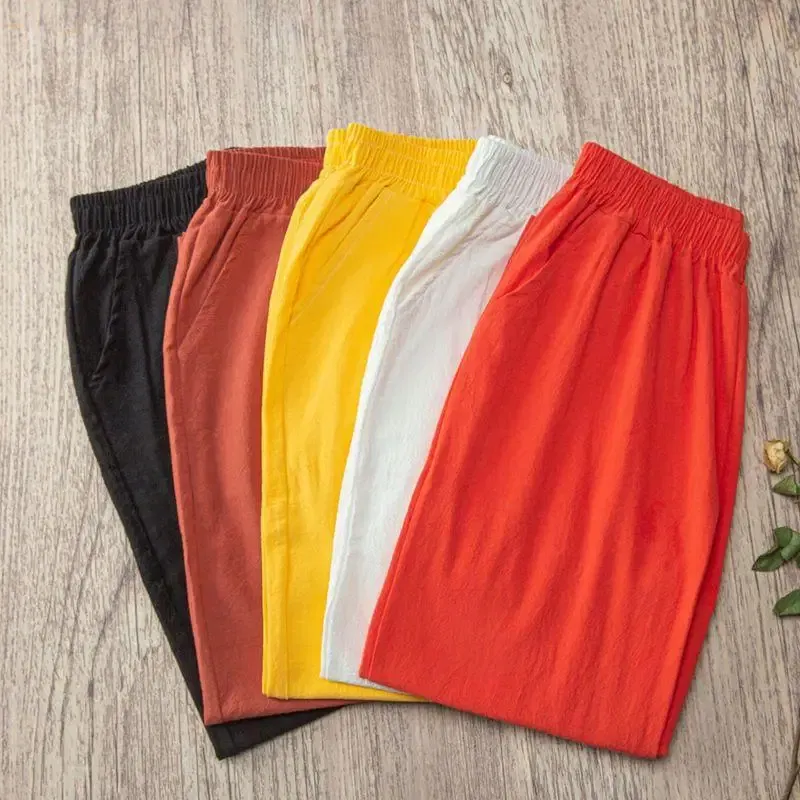 Color: Chocolate, Size: One Size - Women Summer Casual Loose Harem Elastic Waist Cotton Linen Pants Ninth Trousers