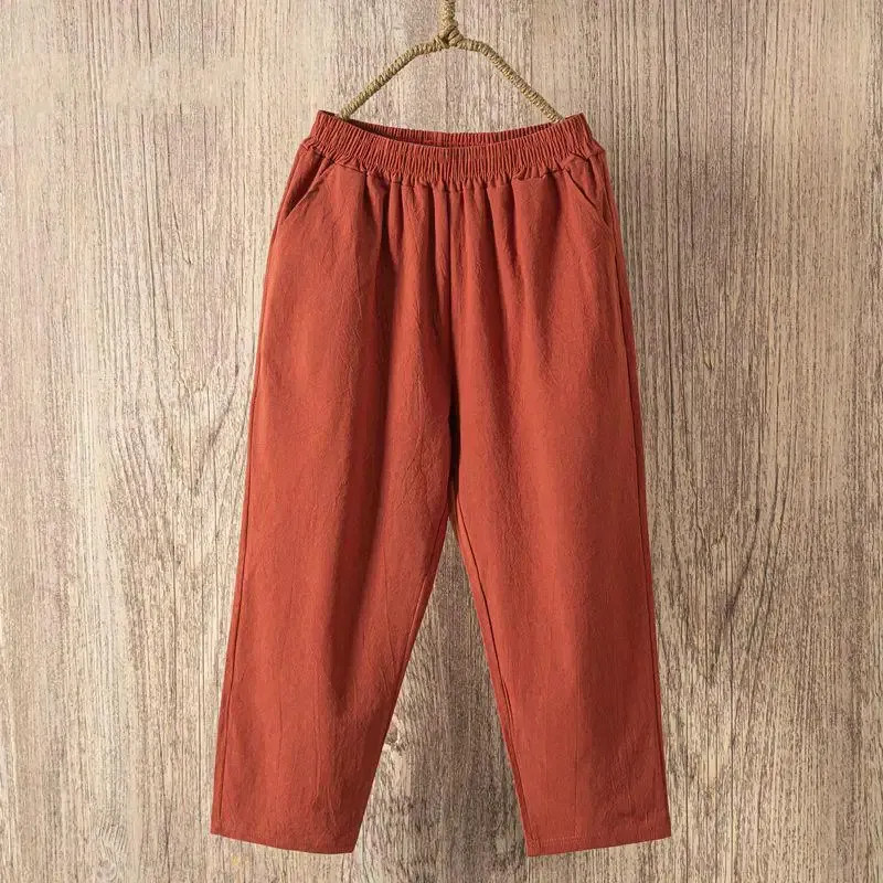 Color: Chocolate, Size: One Size - Women Summer Casual Loose Harem Elastic Waist Cotton Linen Pants Ninth Trousers