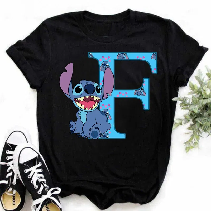 Color: Dark Grey, Size: XXXL - Disney Lilo&Stitch A-Z Alphabet Summer Women's Printed T-Shirt Women's Casual Tops T-Shirt Fashion Cartoon Plus Size T-Shirt