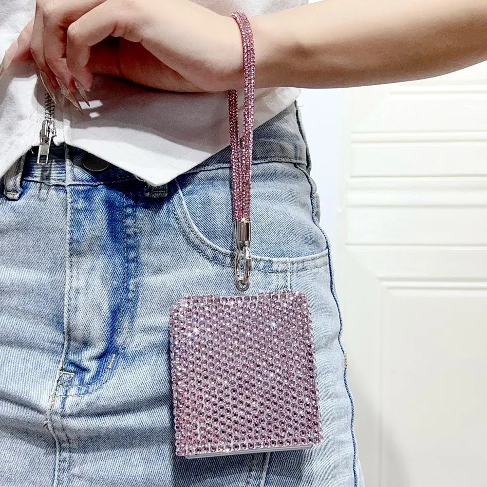 Color: black, Material: Leather - Full Shiny Diamonds Cover Funda For Samsung Galaxy Z Flip 7 Wrist Strap Case For Samsung z flip 6 zflip5 zflip4 3 Luxury Case