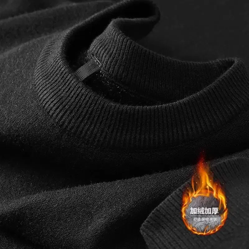 Color: Blue, Size: XXL - Plush Men's Knitted Sweater Turtleneck with Velvet Padded Warm Solid Pullovers Autumn Winter Thick Bottom Casual O-Neck Sweater