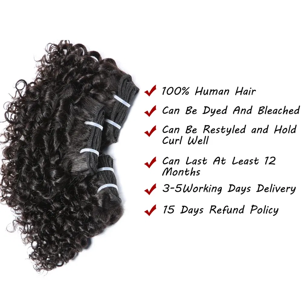 Hair Color: #100, Stretched Length: 8inches, Longest Hair Proportion: 10A - Code Calla Bouncy Curly Hair Bundles Double Draw Indian 6inch Short Cut Remy Human Hair Extensions Natural Black Brown Color