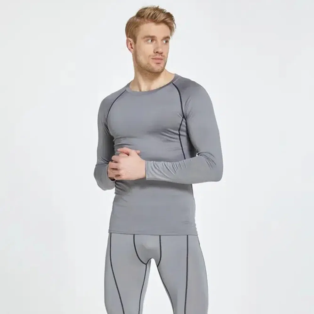 Color: GRAY, Size: L - Men Bodybuilding Sports T-Shirt Quick Dry Running Shirt Long Sleeve Compression Top Gym T Shirt Men Fitness Tight Rashgad