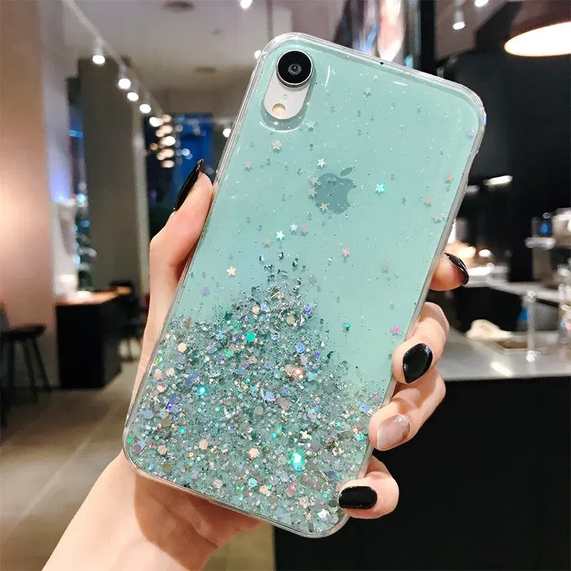 Color: green, Compatible-Phone Models: For iPhone SE (2022) - 16 Pro Max, Epoxy Resin Case, iPhone 15 Case with Sequins, Epoxy Case, iPhone 14 Case, Glitter Girls Designs, 13 Pro Max, 15Pro