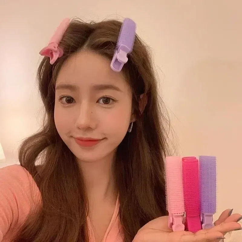 Color: Pink - 2pcs No Trace Head Hair Roots Fluffy Clip Lazy Air Bangs Self-adhesive Fluffy Hair Clip Curling Device Forehead Curler Hair