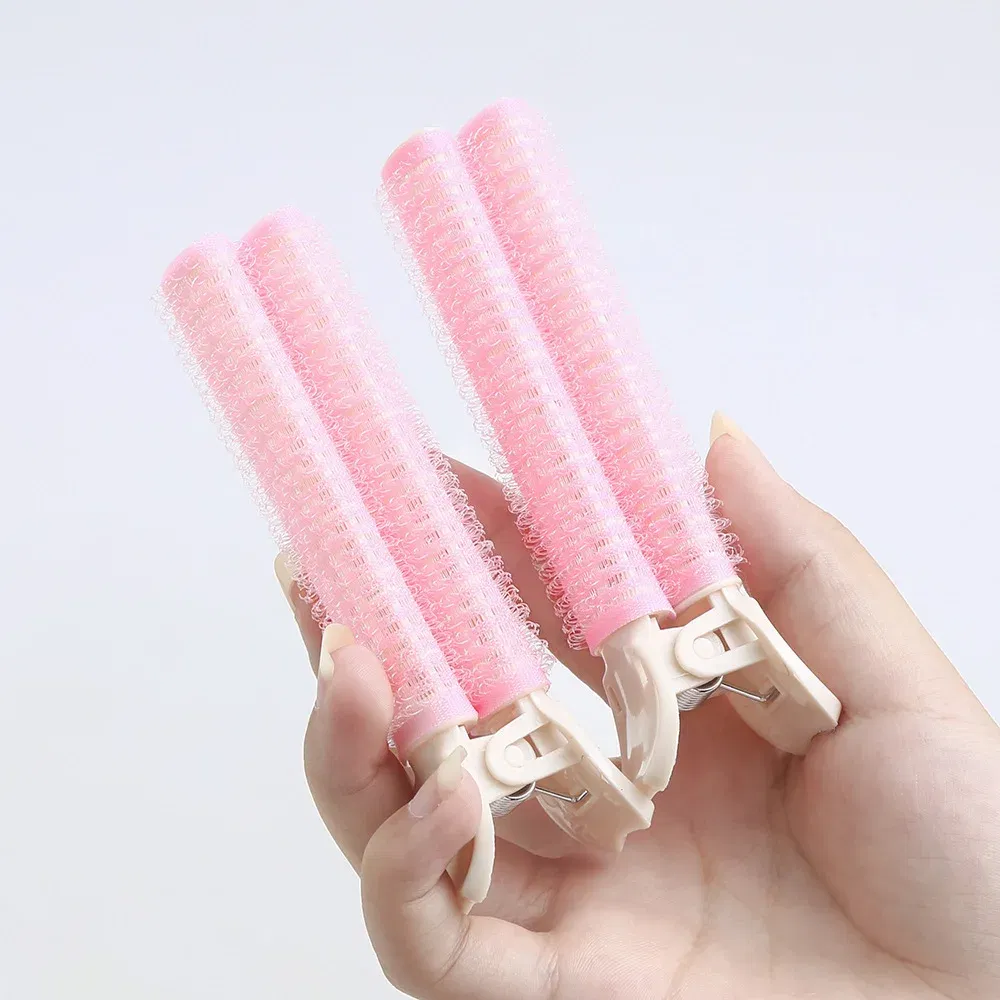 Color: Pink - 2pcs No Trace Head Hair Roots Fluffy Clip Lazy Air Bangs Self-adhesive Fluffy Hair Clip Curling Device Forehead Curler Hair