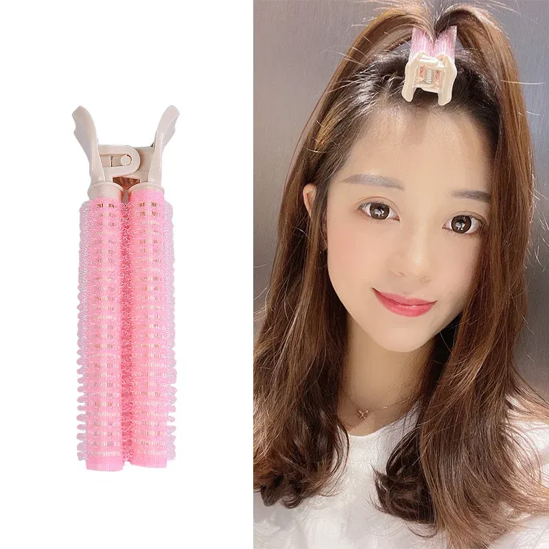 Color: Pink - 2pcs No Trace Head Hair Roots Fluffy Clip Lazy Air Bangs Self-adhesive Fluffy Hair Clip Curling Device Forehead Curler Hair
