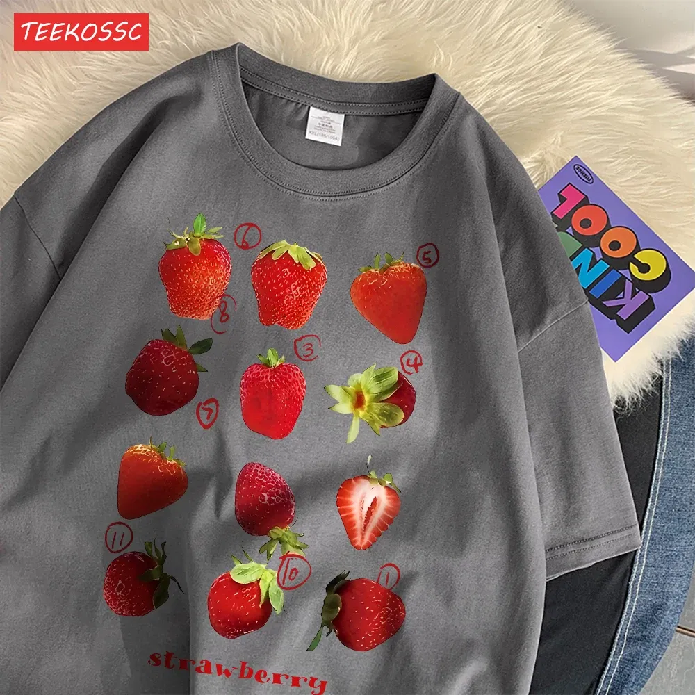 Color: Gold, Size: XXL - 100% Cotton Women T-shirt Cute Fresh Strawberries Printed Tee Shirt Summer Comfortable Loose Tops Street Fashion Female Clothes