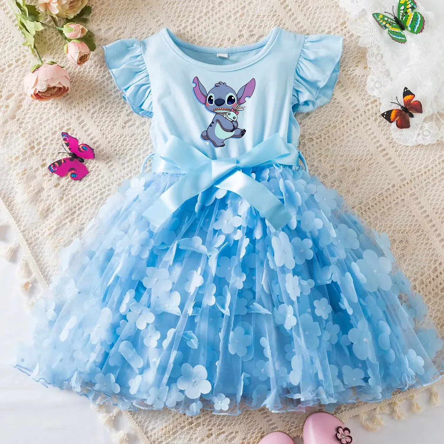 Color: Lavender, Size: XS - 3D Butterfly Cute Lilo Stitch Summer Dress for Kid's Casual Clothes Baby Girls Beautiful Princess Dress Party Dresses 2-6 Yrs