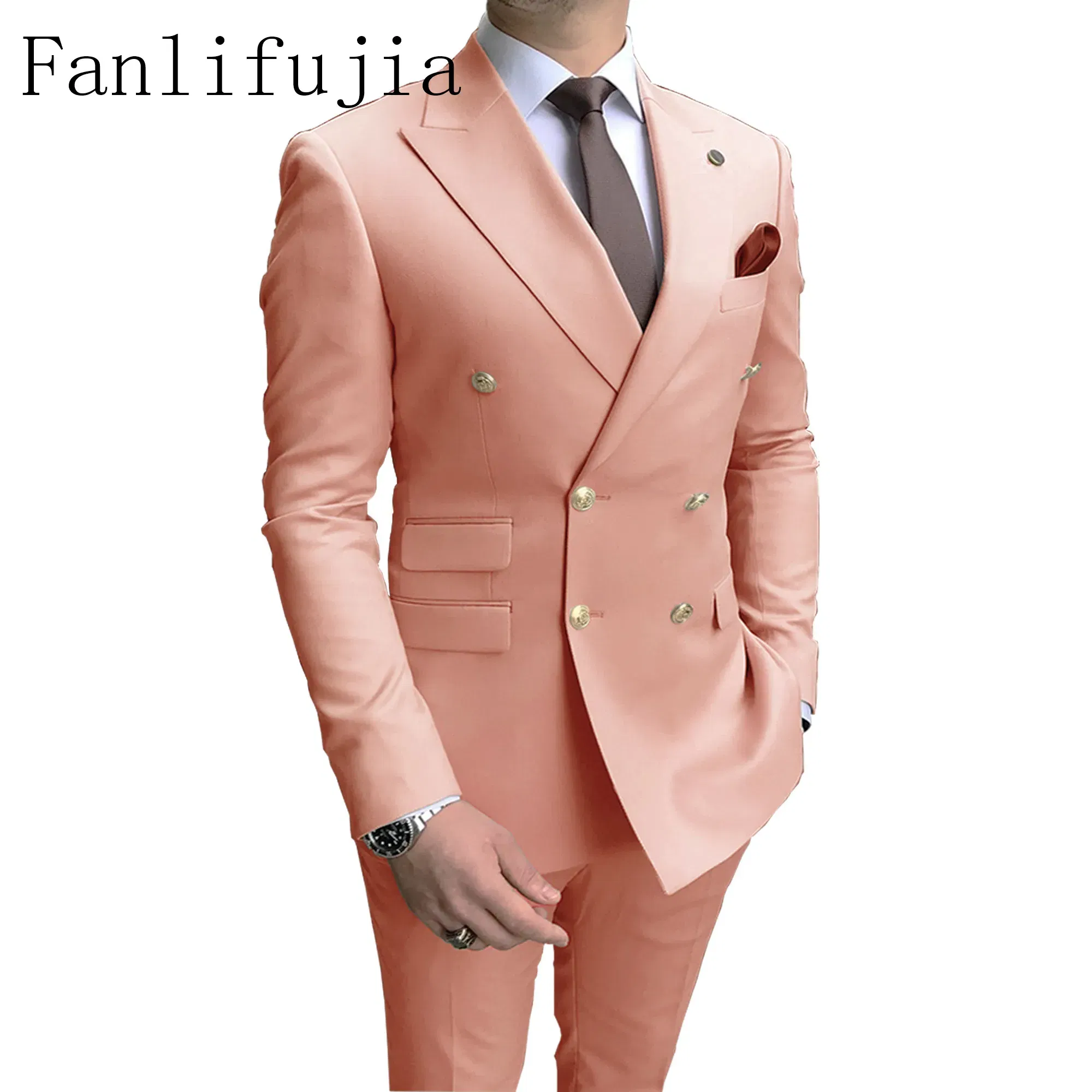 Color: Blue, Size: S - Fanlifujia Store 2024 Casual Sky Blue Men Suits Double Brested Peak Lapel  Gold Button Groom Wedding Tuxedos Best Costume Homme