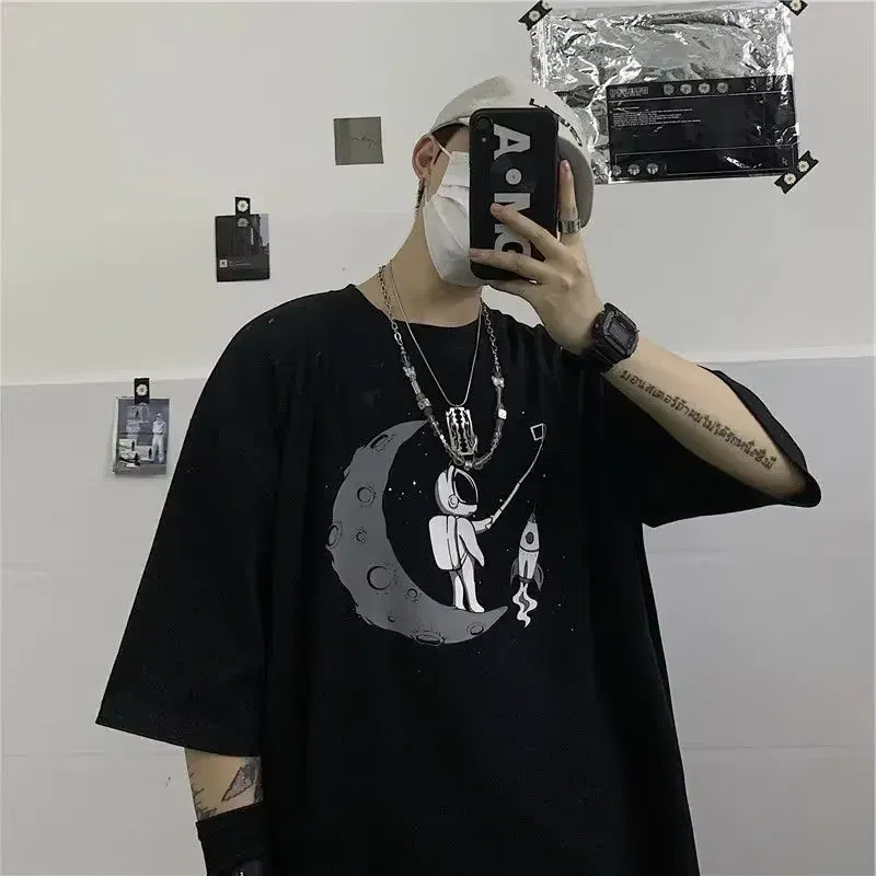 Color: Khaki, Size: L - Men T-shirts 2023 Summer Streetwear High Street Gothic Skull Tshirt Loose Oversized Short-sleeved T shirt Dark Anime Men Y2k Top